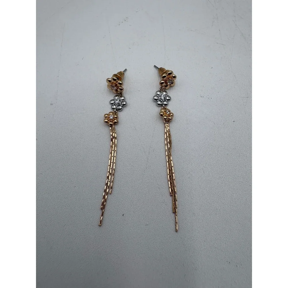 Floral Metallic Drop Earrings Gold Silver Tone Mixed Metal Tassel Dangle Womens